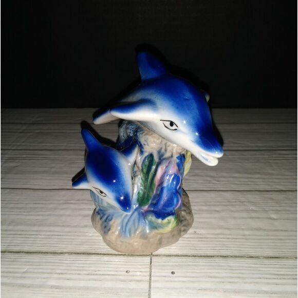 Vintage Ceramic Dolphins Figurine Blue Iridescent Luster Nautical Decor 4½in - Picture 4 of 9